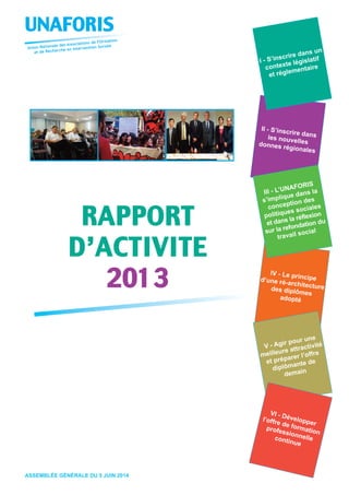 IV - Le principed’une ré-architecturedes diplômes
adopté
II - S’inscrire dansles nouvellesdonnes régionales
UNAFORIS
Union Nationale des Associations de FOrmation
et de Recherche en Intervention Sociale
RAPPORT
D’ACTIVITE
2013
ASSEMBLÉE GÉNÉRALE DU 5 JUIN 2014
I - S’inscrire dans un
contexte législatif
et réglementaire
V - Agir pour une
meilleure attractivité
et préparer l’offre
diplômante de
demain
VI - Développer
l’offre de formation
professionnellecontinue
III - L’UNAFORIS
s’implique dans la
conception des
politiques sociales
et dans la réflexion
sur la refondation du
travail social
©MCGIROD
 