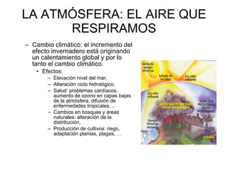 LA ATMÓSFERA: EL AIRE QUE RESPIRAMOS Cambio climático: el incremento del efecto invernadero está originando un calentamiento global y por lo tanto el cambio climático.  Efectos: Elevación nivel del mar.  Alteración ciclo hidrológico.  Salud: problemas cardíacos, aumento de ozono en capas bajas de la atmósfera, difusión de enfermedades tropicales, .. Cambios en bosques y áreas naturales: alteración de la distribución.  Producción de cultivos: riego, adaptación plantas, plagas, … 