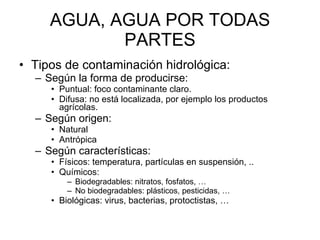 AGUA, AGUA POR TODAS PARTES Tipos de contaminación hidrológica: Según la forma de producirse: Puntual: foco contaminante claro.  Difusa: no está localizada, por ejemplo los productos agrícolas.  Según origen:  Natural Antrópica Según características: Físicos: temperatura, partículas en suspensión, .. Químicos:  Biodegradables: nitratos, fosfatos, … No biodegradables: plásticos, pesticidas, … Biológicas: virus, bacterias, protoctistas, … 