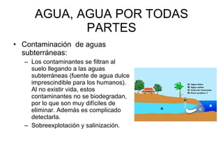 AGUA, AGUA POR TODAS PARTES Contaminación  de aguas subterráneas: Los contaminantes se filtran al suelo llegando a las aguas subterráneas (fuente de agua dulce imprescindible para los humanos). Al no existir vida, estos contaminantes no se biodegradan, por lo que son muy difíciles de eliminar. Además es complicado detectarla. Sobreexplotación y salinización.  