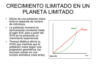 CRECIMIENTO ILIMITADO EN UN PLANETA LIMITADO Efecto de una población sobre entorno depende de número de individuos.  La población humana ha permanecido constante hasta el siglo XVII, pero a partir del XVIII se ha producido un crecimiento exponencial.  Thomas Malthus afirmó (s. XVIII) que mientras que la población crece según una progresión geométrica, los recursos crecen en una función aritmética (más lenta).  