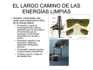 EL LARGO CAMINO DE LAS ENERGÍAS LIMPIAS Petróleo: combustible más usado que proporciona el 40% de la energía global.  Formación: a partir de microorganismos marinos (plancton) que se acumularon en los fondos que se acumulan en los fondos mezclados con arenas y cienos.  Derivados: gasolina, fuel, queroseno, plásticos, pesticidas, fertilizantes, pinturas, … Combustión: genera muchos contaminantes atmosféricos.  Vertidos; barcos y fugas en las plataformas .  
