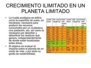 CRECIMIENTO ILIMITADO EN UN PLANETA LIMITADO La huella ecológica se define como la superficie de suelo, en hectáreas, necesaria para producir los recursos consumidos por un ciudadano, una población, etc, así como la necesaria par absorber y detoxificar los residuos que genera, independientemente de donde están localizadas estas áreas.  El objetivo es evaluar el impacto sobre el planeta de un modo de vida, y por tanto su grado de sostenibilidad.  