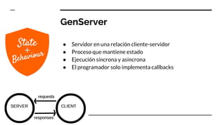 GenServer
● Servidor en una relación cliente-servidor
● Proceso que mantiene estado
● Ejecución síncrona y asíncrona
● El programador solo implementa callbacks
 