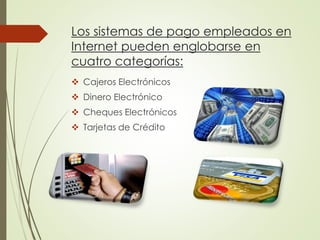 Los sistemas de pago empleados en
Internet pueden englobarse en
cuatro categorías:
 Cajeros Electrónicos
 Dinero Electrónico
 Cheques Electrónicos
 Tarjetas de Crédito
 