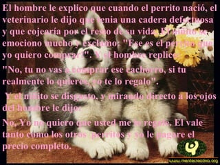 El hombre le explico que cuando el perrito nació, el veterinario le dijo que tenia una cadera defectuosa y que cojearía por el resto de su vida. El niñito se emociono mucho y exclamo: "Ese es el perrito que yo quiero comprar!". Y el hombre replico:  "No, tu no vas a comprar ese cachorro, si tu realmente lo quieres, yo te lo regalo". Y el niñito se disgusto, y mirando directo a los ojos del hombre le dijo:  No, Yo no quiero que usted me lo regale. El vale tanto como los otros  perritos y yo le pagare el precio completo.  