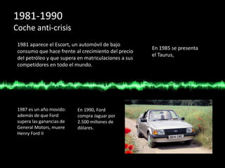 1981-1990
Coche anti-crisis
1981 aparece el Escort, un automóvil de bajo
consumo que hace frente al crecimiento del precio
del petróleo y que supera en matriculaciones a sus
competidores en todo el mundo.
En 1985 se presenta
el Taurus,
1987 es un año movido:
además de que Ford
supera las ganancias de
General Motors, muere
Henry Ford II
En 1990, Ford
compra Jaguar por
2.500 millones de
dólares.
 