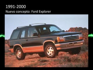 1991-2000
Nuevo concepto: Ford Explorer
En 1991 el Explorer abre un nuevo camino a los demás
fabricantes. Ese mismo año Ford tiene unas pérdidas de
2.300 millones de dólares e instaura el sistema Quality
Care ("Cuidado por la Calidad") de atención al cliente.
En 1992, compra el 50% de Mazda.
En 1993 comienza la producción y
venta de vehículos en China
En 1996 Ford, en su idea de
globalización, lanza el Mondeo.
En 1997, la marca vende a la ciudad de
Nueva York vehículos movidos por gas
natural para que sean utilizados como
taxis.
En 1998 la compañía tiene unos
beneficios de 6.900 millones de dólares.
 