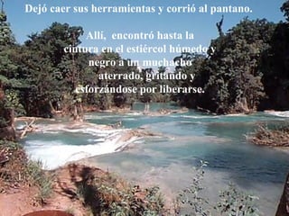 Dejó caer sus herramientas y corrió al pantano.

             Allí, encontró hasta la
        cintura en el estiércol húmedo y
              negro a un muchacho
                aterrado, gritando y
           esforzándose por liberarse.
 
