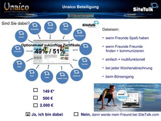 Unaico Beteiligung   149 €*   500 €   2.000 €   Ja, ich bin dabei  Nein,  dann werde mein Freund bei SiteTalk.com X Dabeisein:   wenn Freunde Spaß haben wenn Freunde Freunde    finden + kommunizieren einfach + multifunktionell bei jeder Wochenabrechnung beim Börsengang Optionen auf zukünftige Zertifikate 49% / 51% Sind Sie dabei? 