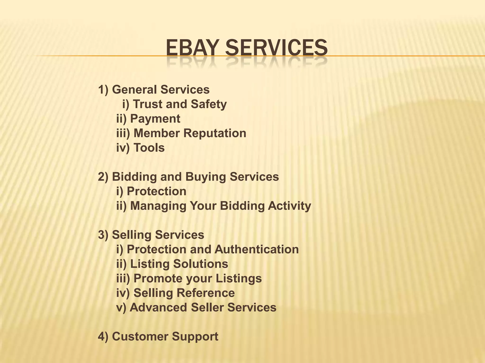 EBAY SERVICES
1) General Services
     i) Trust and Safety
   ii) Payment
   iii) Member Reputation
   iv) Tools

2) Bidding and Buying Services
   i) Protection
   ii) Managing Your Bidding Activity

3) Selling Services
    i) Protection and Authentication
    ii) Listing Solutions
    iii) Promote your Listings
    iv) Selling Reference
    v) Advanced Seller Services

4) Customer Support
 