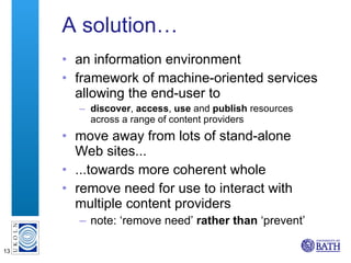 A solution… an information environment framework of machine-oriented services allowing the end-user to discover ,  access ,  use  and  publish  resources across a range of content providers move away from lots of stand-alone Web sites...  ...towards more coherent whole remove need for use to interact with multiple content providers note: ‘remove need’  rather than  ‘prevent’ 