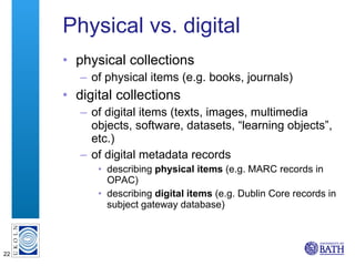 Physical vs. digital physical collections of physical items (e.g. books, journals) digital collections of digital items (texts, images, multimedia objects, software, datasets, “learning objects”, etc.)  of digital metadata records  describing  physical items  (e.g. MARC records in OPAC)  describing  digital items  (e.g. Dublin Core records in subject gateway database)  
