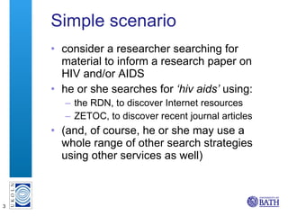 Simple scenario consider a researcher searching for material to inform a research paper on HIV and/or AIDS he or she searches for  ‘hiv aids’  using: the RDN, to discover Internet resources  ZETOC, to discover recent journal articles (and, of course, he or she may use a whole range of other search strategies using other services as well) 