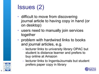 Issues (2) difficult to move from discovering journal article to having copy in hand (or on desktop) users need to manually join services together problem with hardwired links to books and journal articles, e.g. lecturer links to university library OPAC but student is distance learner and prefers to buy online at Amazon lecturer links to IngentaJournals but student prefers paper copy in library 