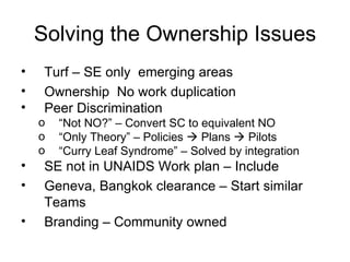 Solving the Ownership Issues Turf – SE only  emerging areas Ownership  No work duplication Peer Discrimination  “ Not NO?” – Convert SC to equivalent NO “ Only Theory” – Policies    Plans    Pilots  “ Curry Leaf Syndrome” – Solved by integration SE not in UNAIDS Work plan – Include Geneva, Bangkok clearance – Start similar Teams Branding – Community owned 