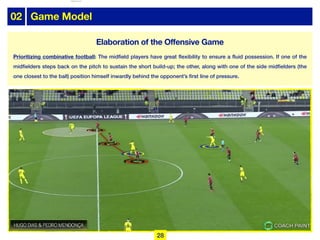 02 Game Model
Prioritizing combinative football: The midfield players have great flexibility to ensure a fluid possession. If one of the
midfielders steps back on the pitch to sustain the short build-up; the other, along with one of the side midfielders (the
one closest to the ball) position himself inwardly behind the opponent’s first line of pressure.
28
Elaboration of the Offensive Game
lhattab@paris-idf.fff.fr 12 Apr 2022
 