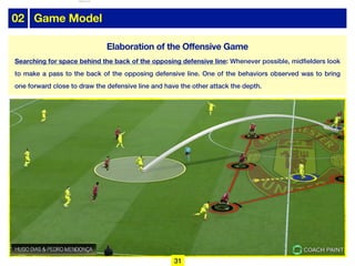 02 Game Model
Searching for space behind the back of the opposing defensive line: Whenever possible, midfielders look
to make a pass to the back of the opposing defensive line. One of the behaviors observed was to bring
one forward close to draw the defensive line and have the other attack the depth.
31
Elaboration of the Offensive Game
lhattab@paris-idf.fff.fr 12 Apr 2022
 