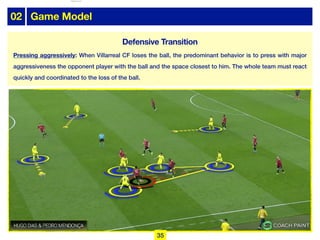 02 Game Model
Defensive Transition
Pressing aggressively: When Villarreal CF loses the ball, the predominant behavior is to press with major
aggressiveness the opponent player with the ball and the space closest to him. The whole team must react
quickly and coordinated to the loss of the ball.
35
lhattab@paris-idf.fff.fr 12 Apr 2022
 