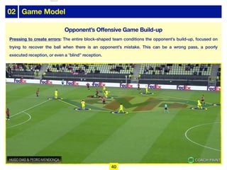 02 Game Model
Pressing to create errors: The entire block-shaped team conditions the opponent’s build-up, focused on
trying to recover the ball when there is an opponent’s mistake. This can be a wrong pass, a poorly
executed reception, or even a “blind” reception.
40
Opponent’s Offensive Game Build-up
lhattab@paris-idf.fff.fr 12 Apr 2022
 