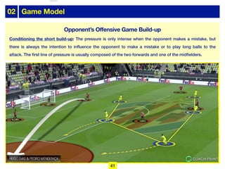 02 Game Model
Conditioning the short build-up: The pressure is only intense when the opponent makes a mistake, but
there is always the intention to influence the opponent to make a mistake or to play long balls to the
attack. The first line of pressure is usually composed of the two forwards and one of the midfielders.
41
Opponent’s Offensive Game Build-up
lhattab@paris-idf.fff.fr 12 Apr 2022
 