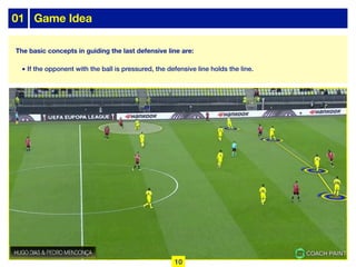 The basic concepts in guiding the last defensive line are:
• If the opponent with the ball is pressured, the defensive line holds the line.
01 Game Idea
10
 