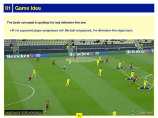 The basic concepts in guiding the last defensive line are:
• If the opponent player progresses with the ball unopposed, the defensive line steps back.
01 Game Idea
11
 