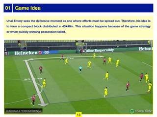Unai Emery sees the defensive moment as one where efforts must be spread out. Therefore, his idea is
to form a compact block distributed in 40X40m. This situation happens because of the game strategy
or when quickly winning possession failed.
01 Game Idea
13
 