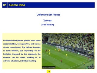 In defensive set pieces, players must share
responsibilities, be supportive, and have a
strong commitment. The defined typology
is zonal defense, but, depending on the
limitation imposed by the opponent, the
defense can be mixed marking or, in
extreme situations, individual marking.
Typology:
Zonal Marking
Defensive Set Pieces
01 Game Idea
19
 