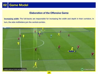 02 Game Model
Increasing width: The full-backs are responsible for increasing the width and depth in their corridors. In
turn, the side midfielders join the central corridor.
29
Elaboration of the Offensive Game
 