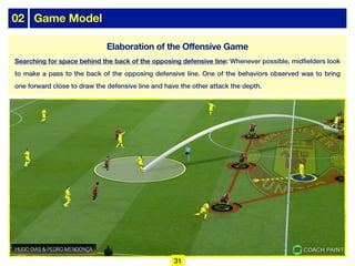02 Game Model
Searching for space behind the back of the opposing defensive line: Whenever possible, midfielders look
to make a pass to the back of the opposing defensive line. One of the behaviors observed was to bring
one forward close to draw the defensive line and have the other attack the depth.
31
Elaboration of the Offensive Game
 