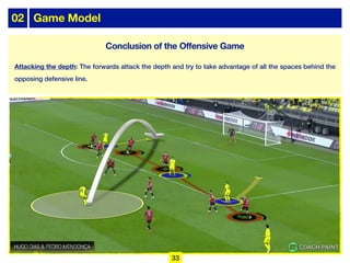 02 Game Model
Attacking the depth: The forwards attack the depth and try to take advantage of all the spaces behind the
opposing defensive line.
33
Conclusion of the Offensive Game
 