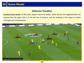 02 Game Model
Avoiding being beaten: At this point, players cannot be beaten. Great security and aggressiveness are
required from the player who is in the first line of pressure, and the solidarity of the others to ensure
coverages and compensations.
36
Defensive Transition
 