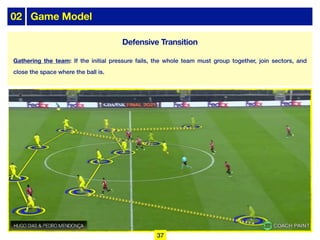 02 Game Model
Gathering the team: If the initial pressure fails, the whole team must group together, join sectors, and
close the space where the ball is.
37
Defensive Transition
 