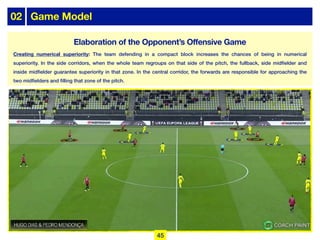 02 Game Model
Creating numerical superiority: The team defending in a compact block increases the chances of being in numerical
superiority. In the side corridors, when the whole team regroups on that side of the pitch, the fullback, side midfielder and
inside midfielder guarantee superiority in that zone. In the central corridor, the forwards are responsible for approaching the
two midfielders and filling that zone of the pitch.
45
Elaboration of the Opponent’s Offensive Game
 