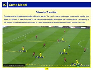 02 Game Model
Creating space through the mobility of the forwards: The two forwards make deep movements, usually from
inside to outside, to take advantage of the ball recovery moment and create a scoring situation. The mobility of
the players in front of the ball is important to create empty spaces and increase the direct football’s success.
52
Offensive Transition
 