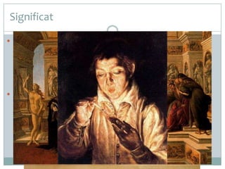 Significat
 La imatge, visual, resulta d’un text que cal seguir al peu de la
lletra per produir-la a les diferents versions. Text i imatge, a
partir del fet bàsic (i visualment central) de la cadira,
expressats en llenguatges diferents, són equivalents; o bé la
paraula té més valor a causa de la grandària de l’ampliació
fotogràfica que es fa de la definició del terme cadira al
diccionari.
 L’obra té relació amb l’ècfrasi, un recurs de l’oratòria clàssica
que transposa a un llenguatge una experiència plasmada en
un altre; per exemple, a partir de textos clàssics, Botticelli (La
Calumnia, 1495) i El Greco (El Soplón, 1571) pinten sengles
obres.
 