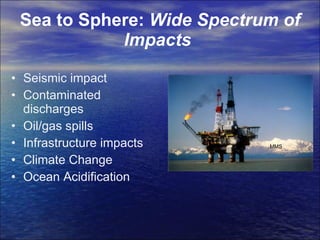 Sea to Sphere:  Wide Spectrum of Impacts   Seismic impact Contaminated discharges Oil/gas spills Infrastructure impacts Climate Change Ocean Acidification MMS 