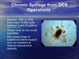 Chronic Spillage from OCS Operations   Between 1985 & 1999, there were 19,506 spills between 0 and 42 gallons  (Anderson & Labelle, 2000)  Oil/gas toxic at very small quantities  Can cause range of sublethal & lethal impacts such as mutations & reduced reproductive capacity  NOAA 