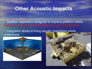 Other Acoustic Impacts Seafloor separators designed to improve platform safety  introduce continual and significant acoustic disturbance Long-term stress to living aquatic organisms poorly understood 