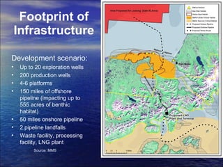 Footprint of Infrastructure Development scenario:  Up to 20 exploration wells 200 production wells 4-6 platforms 150 miles of offshore pipeline (impacting up to 555 acres of benthic habitat)  50 miles onshore pipeline 2 pipeline landfalls  Waste facility, processing facility, LNG plant Source: MMS 
