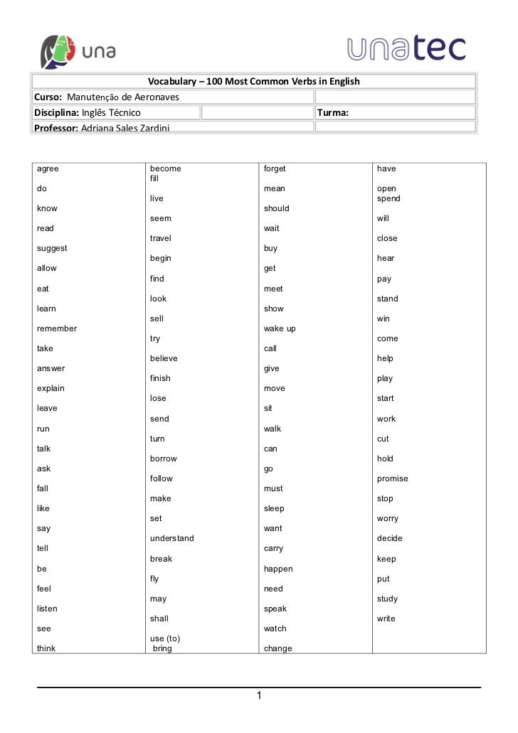 Una Manutencao 100 Most Common Verbs In English Una Manutencao 100 Most Common Verbs In English