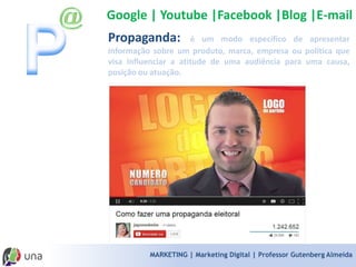 MARKETING | Marketing Digital | Professor Gutenberg Almeida 
Sucesso Comercial 
“Bom” produto e condições competitivas 
Prospectar e ser encontrado e ser indicado 
Apresentação pessoal, que agora pode ser via web. 
Vender ou ajudar a comprar 
“Pós-Venda” ou Sucesso do cliente  
