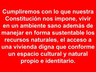 Cumpliremos con lo que nuestra Constitución nos impone, vivir en un ambiente sano además de manejar en forma sustentable los recursos naturales, el acceso a una vivienda digna que conforme un espacio cultural y natural propio e identitario.