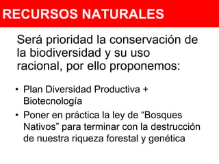 RECURSOS NATURALESSerá prioridad la conservación de la biodiversidad y su uso racional, por ello proponemos:Plan Diversidad Productiva + Biotecnología  Poner en práctica la ley de “Bosques Nativos” para terminar con la destrucción de nuestra riqueza forestal y genética