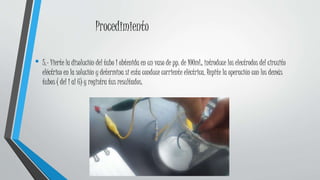 Procedimiento
• 5.- Vierte la disolución del tubo 1 obtenida en un vaso de pp. de 100mL, introduce los electrodos del circuito
eléctrico en la solución y determina si esta conduce corriente eléctrica. Repite la operación con los demás
tubos ( del 1 al 6) y registra tus resultados.
 