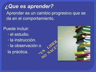¿Que es aprender?
Aprender es un cambio progresivo que se
da en el comportamiento.
Puede incluir:
• el estudio.
• la instrucción.
• la observación o
la práctica.
 