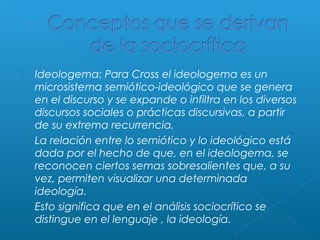 





Ideologema: Para Cross el ideologema es un
microsistema semiótico-ideológico que se genera
en el discurso y se expande o infiltra en los diversos
discursos sociales o prácticas discursivas, a partir
de su extrema recurrencia.
La relación entre lo semiótico y lo ideológico está
dada por el hecho de que, en el ideologema, se
reconocen ciertos semas sobresalientes que, a su
vez, permiten visualizar una determinada
ideología.
Esto significa que en el análisis sociocrítico se
distingue en el lenguaje , la ideología.

 
