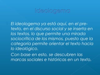 



El ideologema ya está aquí, en el pretexto, en el discurso social y se inserta en
los textos, lo que permite una mirada
sociocrítica de los mismos, puesto que la
categoría permite orientar el texto hacia
lo ideológico.
Con base en esto, se descubren las
marcas sociales e históricas en un texto.

 