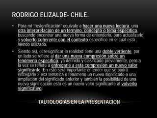 RODRIGO ELIZALDE- CHILE.
• Para mí “resignificación” equivale a hacer una nueva lectura, una
otra interpretación de un término, concepto o tema específico,
buscando encontrar una nueva forma de entenderlo, para actualizarlo
y volverlo coherente con el contexto específico en el cual está
siendo utilizado.
• Siendo así, el resignificar la realidad tiene una doble vertiente, por
un lado se refiere al dar una nueva compresión sobre un
fenómeno específico, ya definido y clasificado previamente, pero a
la vez se refiere a entregarle a esta compresión un nuevo valor
significante. En esto será importante entender que se podrá
entregarle a esa temática o fenómeno un nuevo significado o una
ampliación del significado anterior y también la posibilidad de una
nueva significación esto es un nuevo valor significante al volverlo
significativo.

TAUTOLOGIAS EN LA PRESENTACION

 